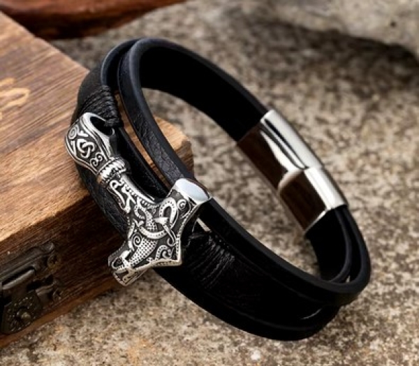 Armband - schwarz - Thors Hammer - Silber Optik Armband - schwarz - Thors Hammer - Silber Optik